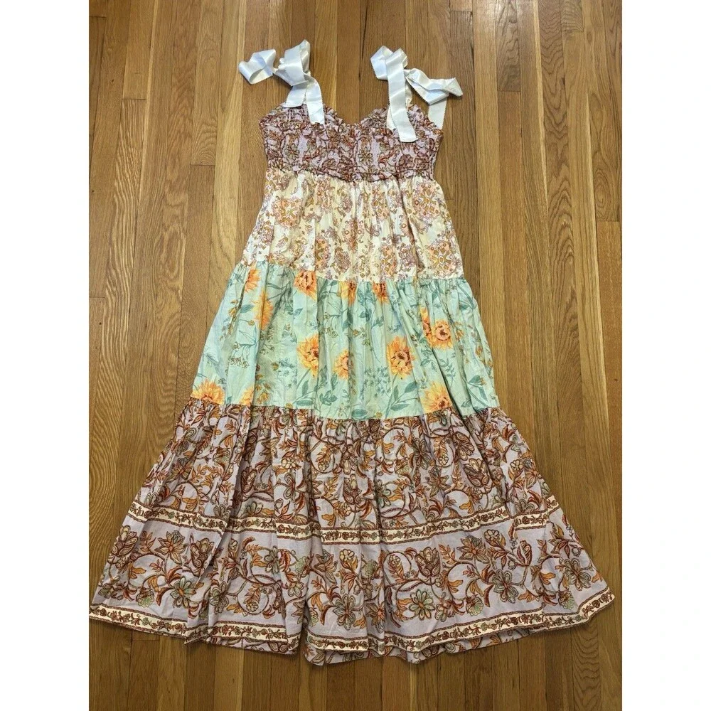 Free People Bluebell Lilac Floral Maxi Dress Bow Tie Strap Size XL Tiered - Picture 8 of 8